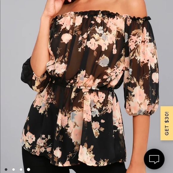 NWT Lulu’s black floral off-the-shoulder sheer peplum top size XS - Picture 3 of 8